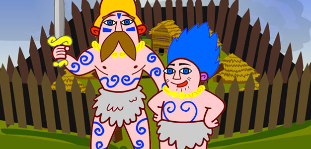 Gwion and Dion characters in front of a hillfort