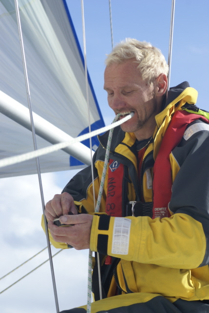 Arne Kaptein Min, spinnaker handling while getting his nicotine hit.