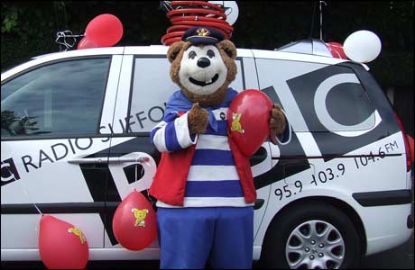 Woody Bear with the BBC Suffolk radio car