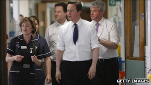 Prime Minister David Cameron and Nick Clegg Speak With NHS Staff In Surrey on 06 April 2011
