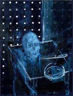 Jean de Dinteville and Georges de Selve (‘The Ambassadors’) Human Skull in Space, © Damien Hirst 2008; Oil on canvas.
