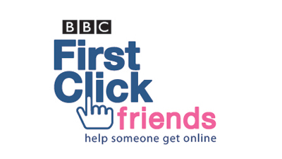 Logo for First Click Friends campaign with the tagline - 'Help someone get online'.