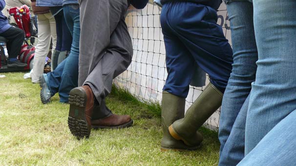 Lining up sensible footwear at the main ring.