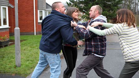 L-R: Colin (Lee Boardmen), Sonia (Claire Keelan), Les (Mark Womack) and Jean (Julia Ford). Image credit: BBC/LA Productions