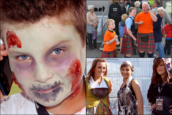 Boy made-up as a zombie, kilts in the crowds, and three girls wearing clothes made in a fashion workshop