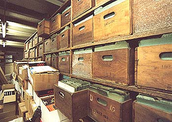 old boxes in the basement containing student registration cards
