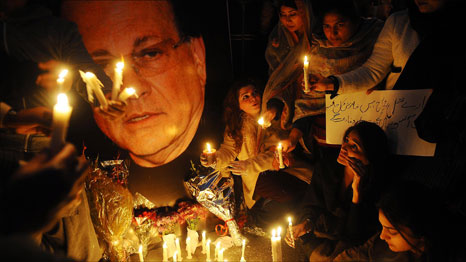 A portrait of the assassinated Governor of Punjab, Salman Taseer, during a candlelight vigil in commemoration of his life. Photo: Arif Ali/AFP/Getty Images