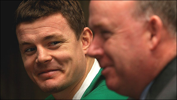Ireland captain Brian O'Driscoll and coach Declan Kidney share a joke at the Six Nations launch