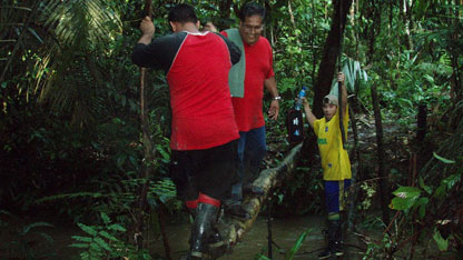 The doctor giggling as he makes a wobbly crossing