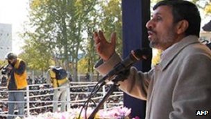 Iranian president Mahmoud Ahmadinejad speaking in the city of Shahrekord at the start of his tour of Iran