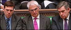 (left to right)Gordon Brown, Chancellor Alistair Darling and Treasury minister Andy Burnham