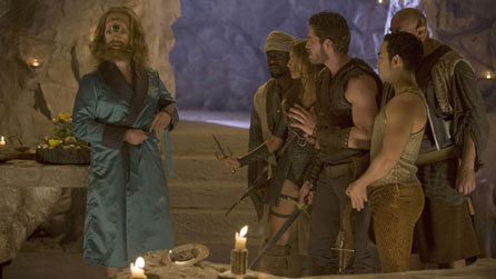 L-R Jonathan Slinger (Cyclops), Kevin Hart (Zezelryck), India de Beaufort (Aneka), Sean Maguire (Krod Mandoon), Marques Ray (Bruce), Steve Speirs (Loquasto)