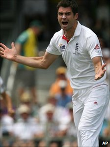 England's James Anderson celebrates after claiming the wicket of Ricky Ponting for 12 runs