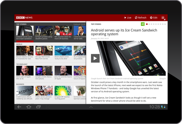 Screenshot of News app, with story on right hand side