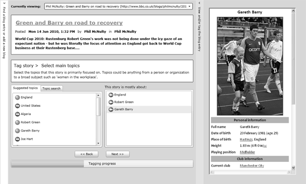 To the left, a story about Gareth Barry with suggested tags below. To the right; a picture of Gareth Barry.