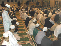 Inside of mosque during prayers