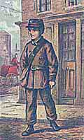 Cartoon depicting a London telegraph boy in uniform standing outside a house