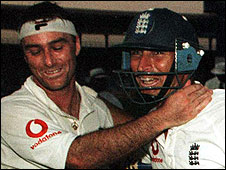 Graham Thorpe and Nasser Hussain celebrate the victory in Karachi