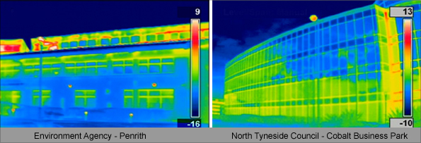 Thermal images of the Environment Agency in Penrith and North Tyneside Council HQ. The unifomity of colour shows they are well insulated.