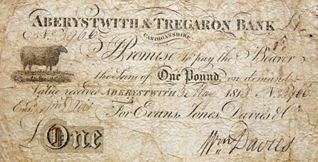 One pound note from the Aberyswyth & Tregaron Bank 