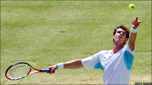 Andy Murray serves at Queens