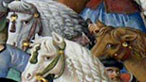 Detail of a medieval painting of horses in a battle
