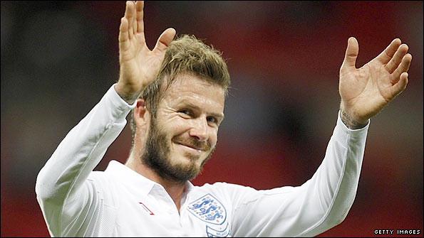 Man of the match David Beckham salutes the crowd at Wembley after the Belarus victory