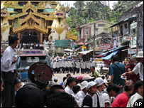 Soldiers blocking a road in Rangoon, Burma
