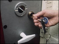 Prison cell door being locked.