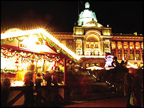 Frankfurt market lit up at night