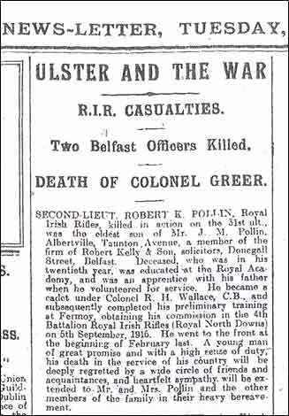 Robert's obituary from the Belfast Newsletter, 7th August 1917