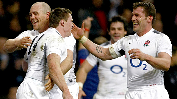 England players celebrate one of their 10 tries so far