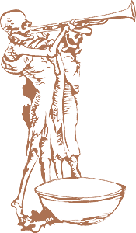 Line art picture showing a skeleton blowing a trumpet