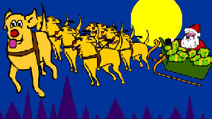 Santa's sleigh being pulled by a team of guide dogs