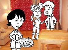 Helen and the cat with Alice and Tim in the sitting room