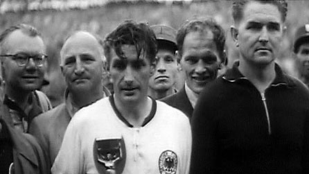 German captain Fritz Walter with the Jules Rimmet trophy in 1954. Photo provided by British Pathé