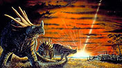 Prehistoric scene of dinosaurs with meteor impact behind
