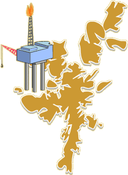 Map of shetland with an oil rig over it.
