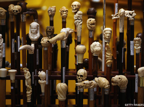 A selection of antique walking sticks