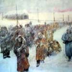 'The Long March' painting by my pow friend Stan Johnson who marched from Danzig to Mecklenburg in the freezing conditions of January to March 1945. It has 'captured' the hardships of these forced marches across Europe.