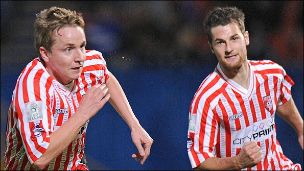Tam McManus and Thomas Stewart of Derry City