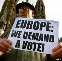 Protester outside Westminster calling for a referendum on the Lisbon Treaty (27 February)
