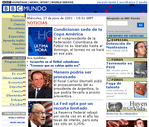 Screenshot of BBC Mundo, 600px wide design