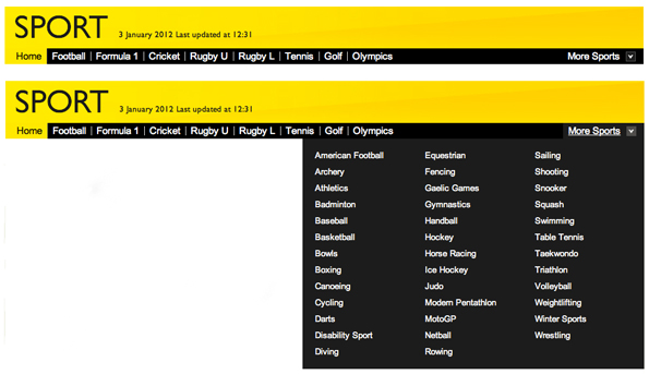 Screengrab of the new BBC Sport horizontal nav