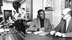 On the left, Hamish Norbrook is recording a series at Moscow University in September 1989. On the right, he is recording with the Nigerian writer Chinua Achebe in the 1970s.