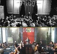 Top image, Governor General Hans Frank, speaks about the likely fate of the Jews. The bottom image shows the series reconstruction