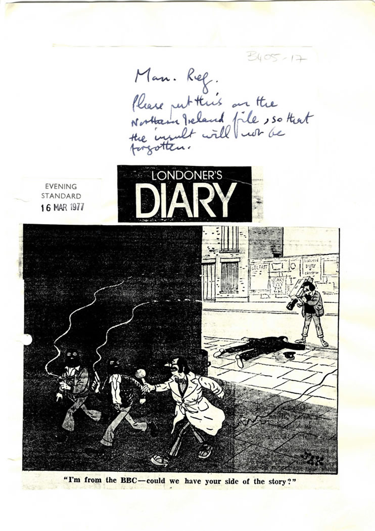Cartoon, BBC & IRA, 1977 - Credit Jak & Evening Standard