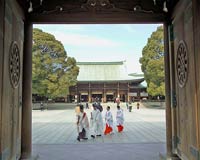 Priests and shrine maidens in traditional costume seen crossing the courtyard from inside Meiji Shrine