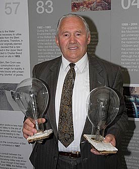 John Cousins of Annalong - May 2006 holding original light-blulbs from the Silent Valley works... which was the first street lighting in Northern Ireland.