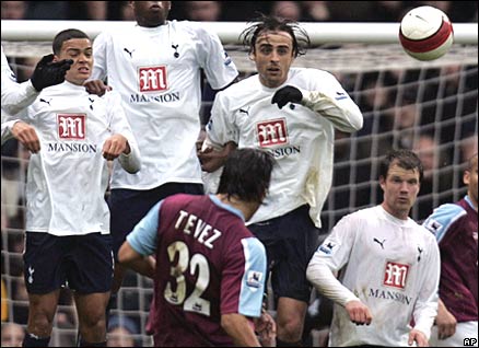Carlos Tevez scores against Tottenham Hotspur